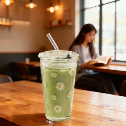 15oz Glass Tumbler with Straw and Lid, Cute Iced Coffee Cups, Aesthetic Glass Cups, Coffee Tumbler, Water Cup, Matcha Cup, Drinking Glasses (The Perfect Match)