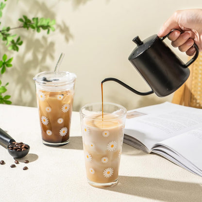 15oz Glass Tumbler with Straw and Lid, Cute Iced Coffee Cups, Aesthetic Glass Cups, Coffee Tumbler, Water Cup, Matcha Cup, Drinking Glasses (The Perfect Match)