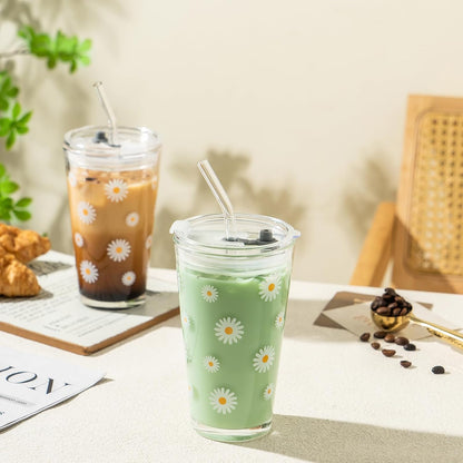 15oz Glass Tumbler with Straw and Lid, Cute Iced Coffee Cups, Aesthetic Glass Cups, Coffee Tumbler, Water Cup, Matcha Cup, Drinking Glasses (The Perfect Match)
