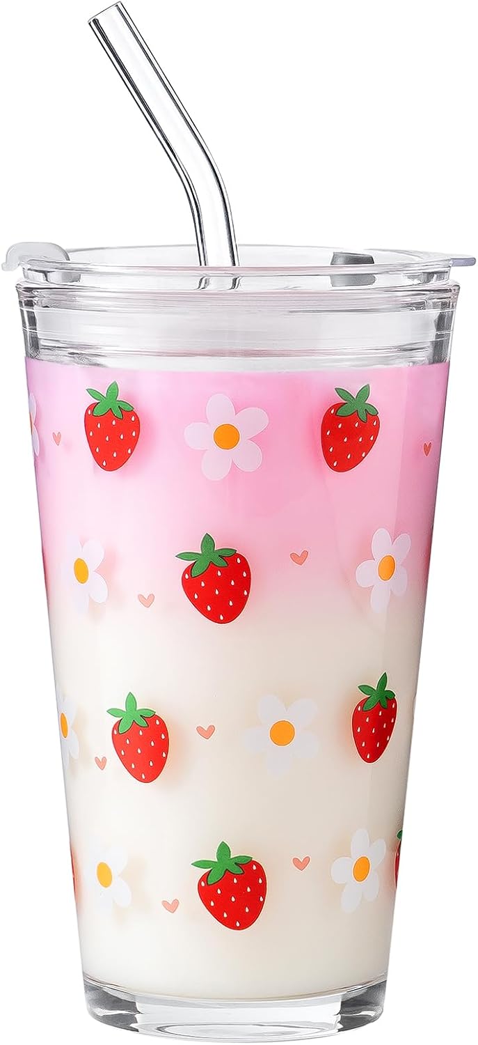 15oz Glass Tumbler with Straw and Lid, Cute Iced Coffee Cups, Aesthetic Glass Cups, Coffee Tumbler, Water Cup, Matcha Cup, Drinking Glasses (The Perfect Match)
