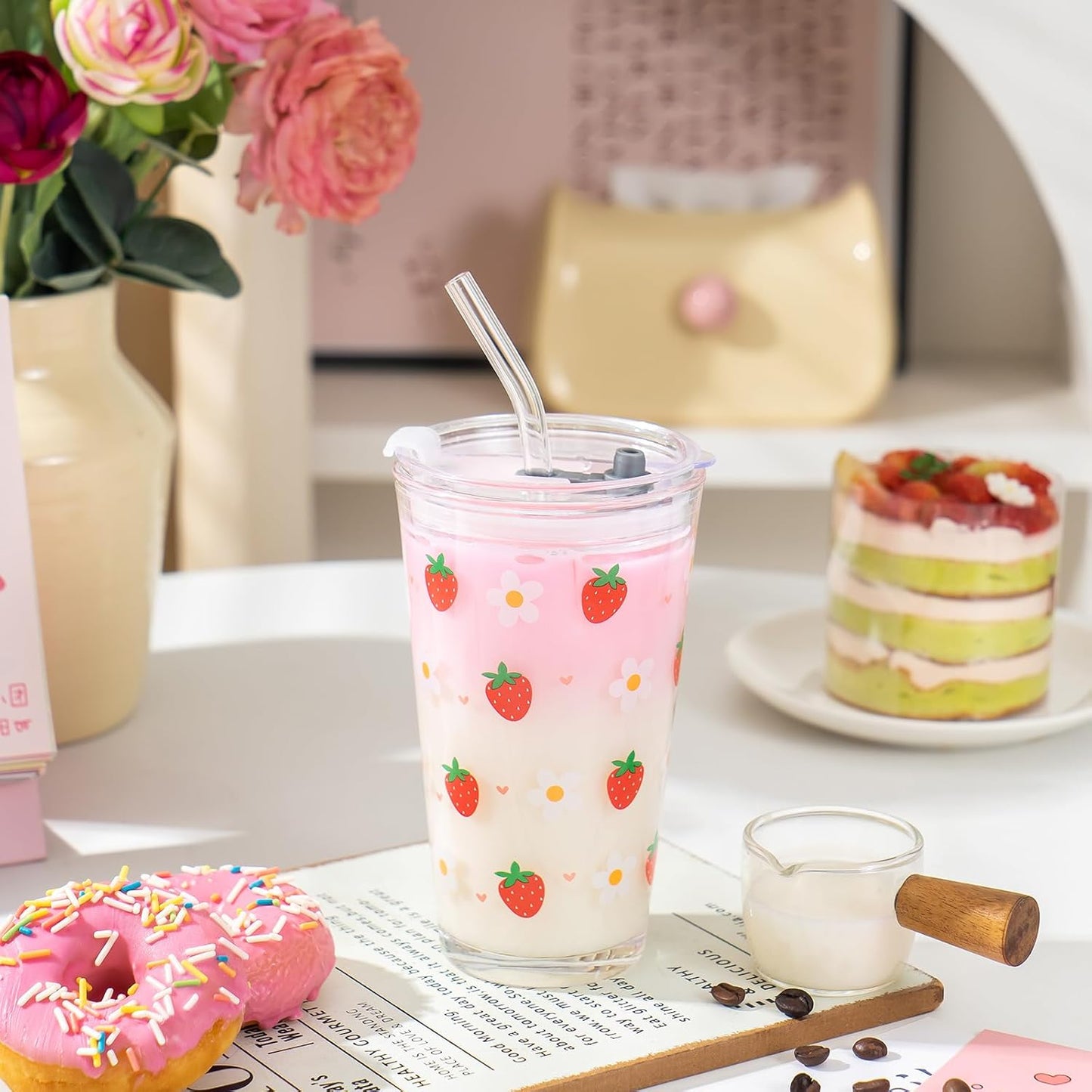 15oz Glass Tumbler with Straw and Lid, Cute Iced Coffee Cups, Aesthetic Glass Cups, Coffee Tumbler, Water Cup, Matcha Cup, Drinking Glasses (The Perfect Match)