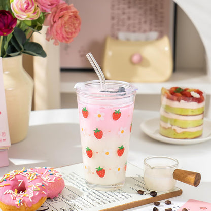 15oz Glass Tumbler with Straw and Lid, Cute Iced Coffee Cups, Aesthetic Glass Cups, Coffee Tumbler, Water Cup, Matcha Cup, Drinking Glasses (The Perfect Match)