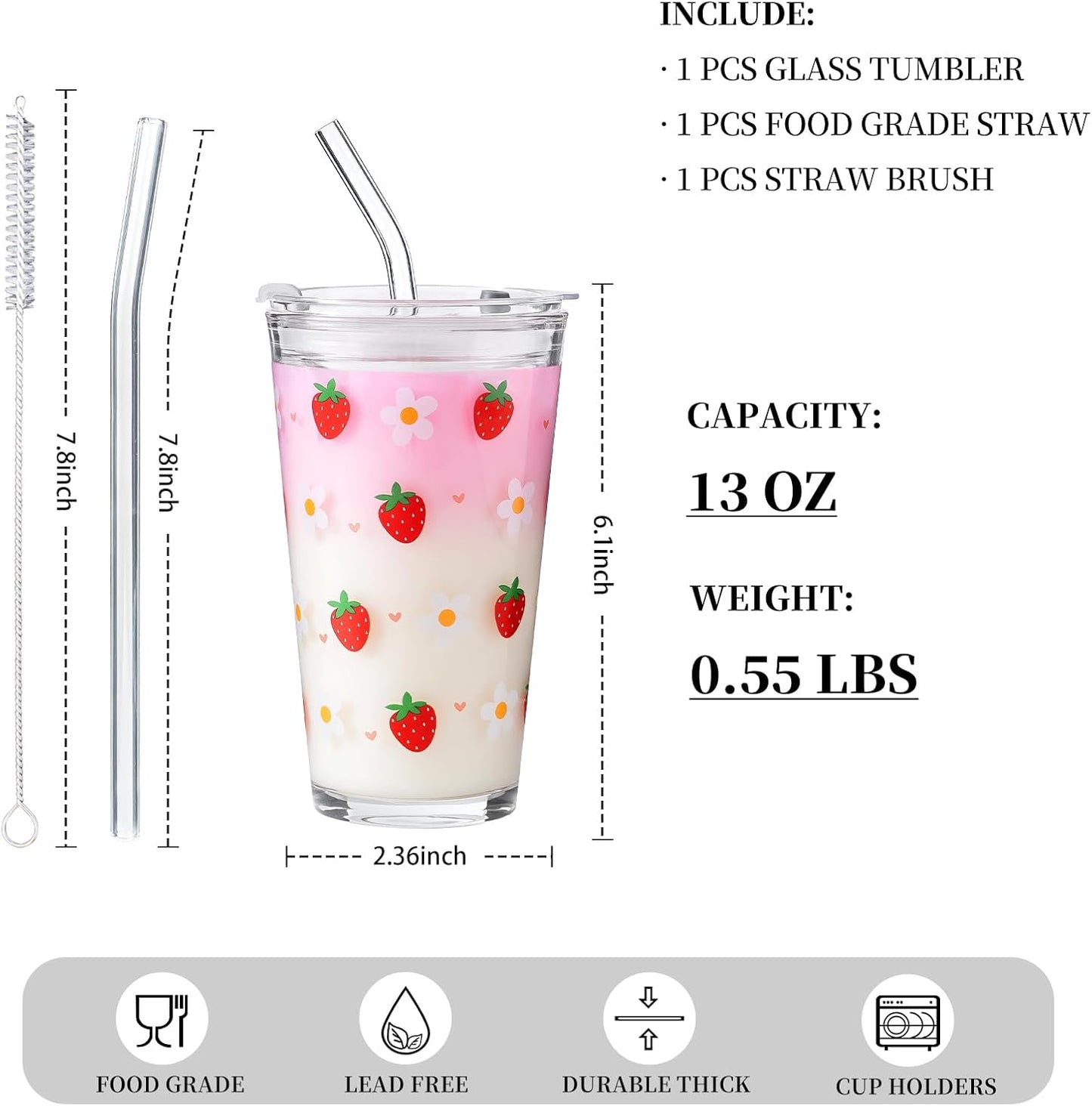 15oz Glass Tumbler with Straw and Lid, Cute Iced Coffee Cups, Aesthetic Glass Cups, Coffee Tumbler, Water Cup, Matcha Cup, Drinking Glasses (The Perfect Match)