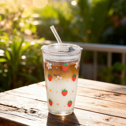 15oz Glass Tumbler with Straw and Lid, Cute Iced Coffee Cups, Aesthetic Glass Cups, Coffee Tumbler, Water Cup, Matcha Cup, Drinking Glasses (The Perfect Match)