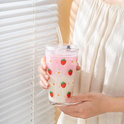 15oz Glass Tumbler with Straw and Lid, Cute Iced Coffee Cups, Aesthetic Glass Cups, Coffee Tumbler, Water Cup, Matcha Cup, Drinking Glasses (The Perfect Match)