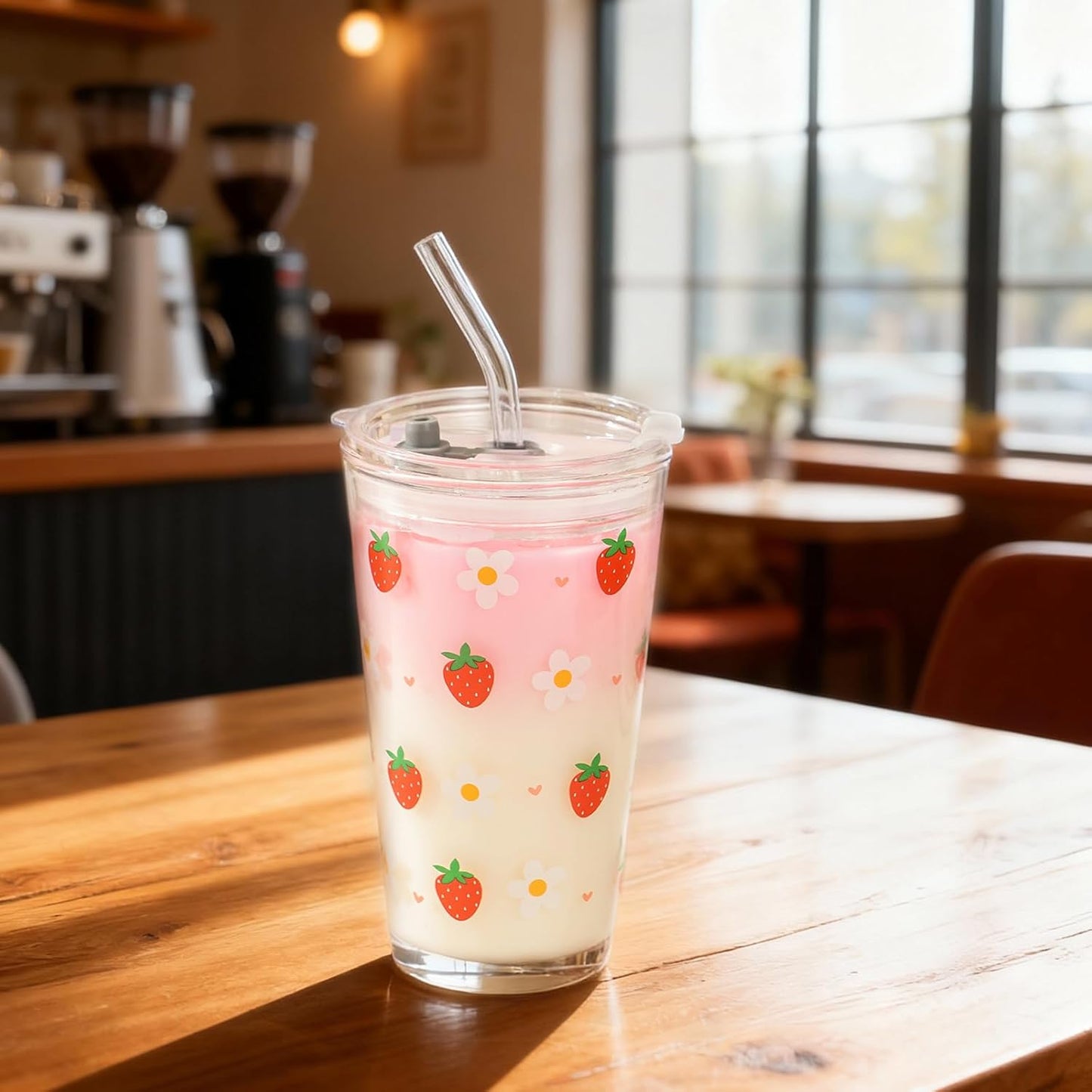 15oz Glass Tumbler with Straw and Lid, Cute Iced Coffee Cups, Aesthetic Glass Cups, Coffee Tumbler, Water Cup, Matcha Cup, Drinking Glasses (The Perfect Match)