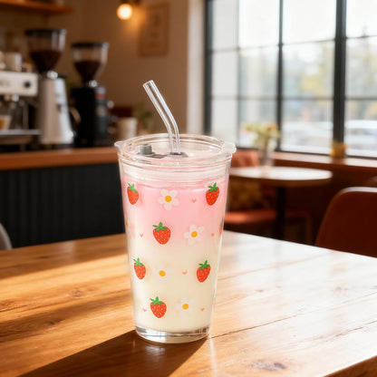 15oz Glass Tumbler with Straw and Lid, Cute Iced Coffee Cups, Aesthetic Glass Cups, Coffee Tumbler, Water Cup, Matcha Cup, Drinking Glasses (The Perfect Match)