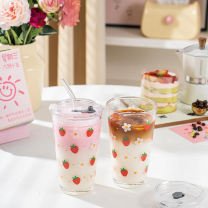 15oz Glass Tumbler with Straw and Lid, Cute Iced Coffee Cups, Aesthetic Glass Cups, Coffee Tumbler, Water Cup, Matcha Cup, Drinking Glasses (The Perfect Match)