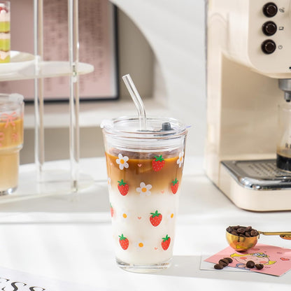 15oz Glass Tumbler with Straw and Lid, Cute Iced Coffee Cups, Aesthetic Glass Cups, Coffee Tumbler, Water Cup, Matcha Cup, Drinking Glasses (The Perfect Match)