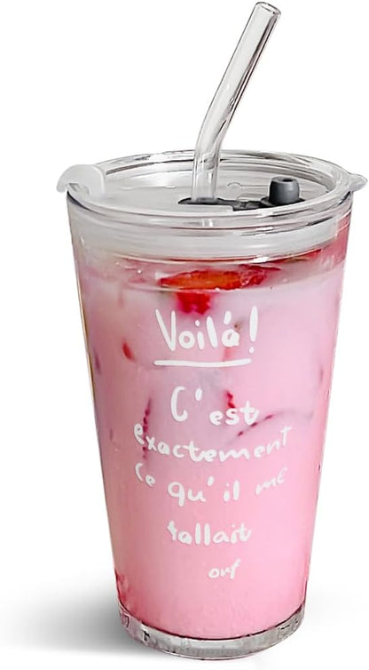 15oz Glass Tumbler with Straw and Lid, Cute Iced Coffee Cups, Aesthetic Glass Cups, Coffee Tumbler, Water Cup, Matcha Cup, Drinking Glasses (The Perfect Match)