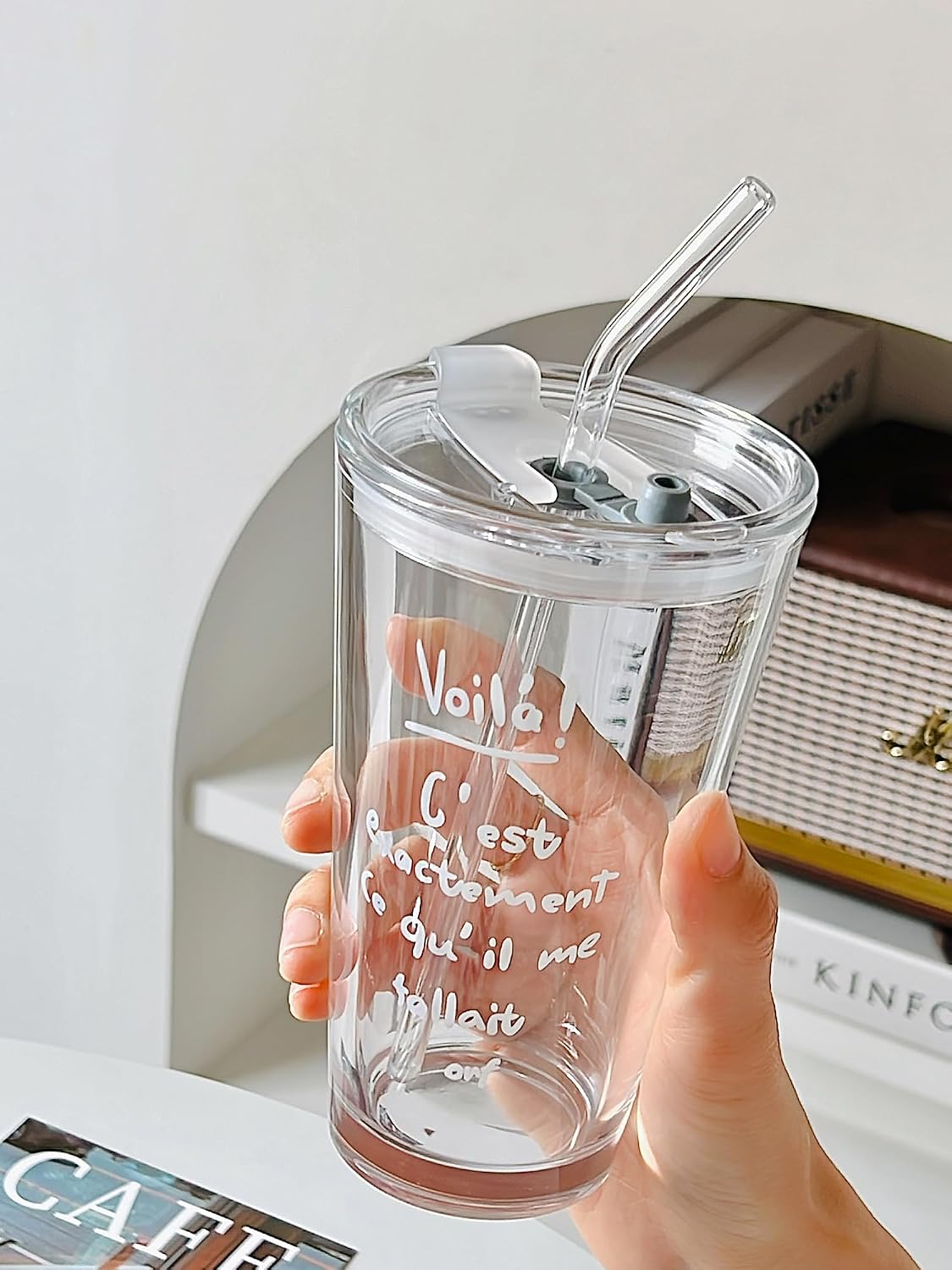 15oz Glass Tumbler with Straw and Lid, Cute Iced Coffee Cups, Aesthetic Glass Cups, Coffee Tumbler, Water Cup, Matcha Cup, Drinking Glasses (The Perfect Match)
