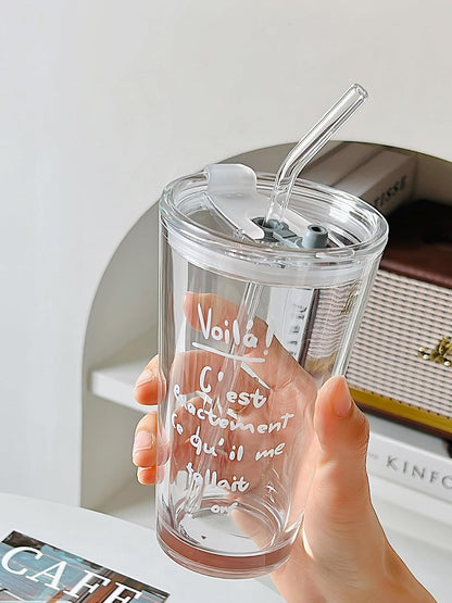 15oz Glass Tumbler with Straw and Lid, Cute Iced Coffee Cups, Aesthetic Glass Cups, Coffee Tumbler, Water Cup, Matcha Cup, Drinking Glasses (The Perfect Match)