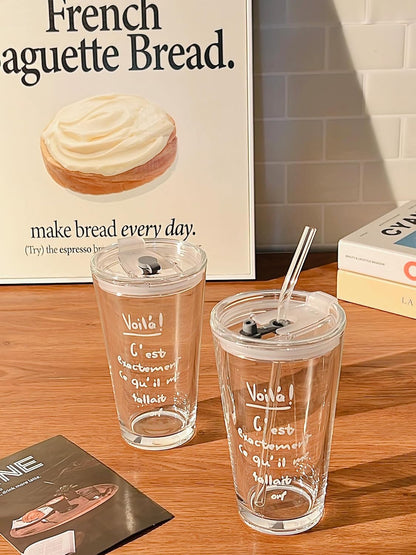 15oz Glass Tumbler with Straw and Lid, Cute Iced Coffee Cups, Aesthetic Glass Cups, Coffee Tumbler, Water Cup, Matcha Cup, Drinking Glasses (The Perfect Match)