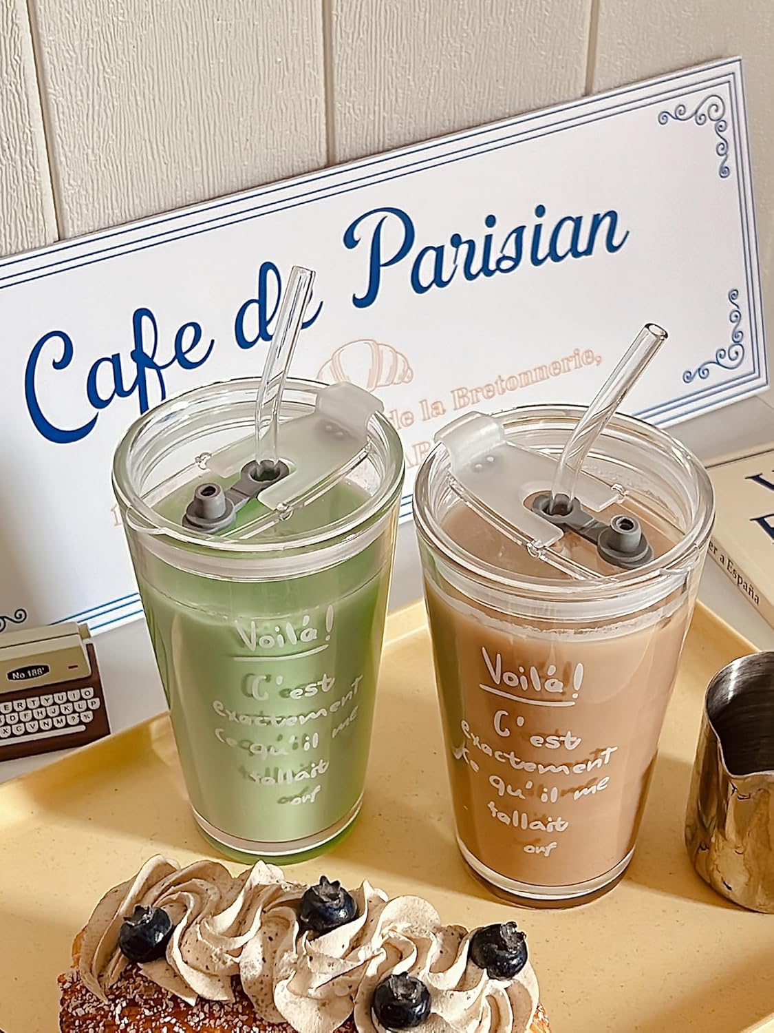 15oz Glass Tumbler with Straw and Lid, Cute Iced Coffee Cups, Aesthetic Glass Cups, Coffee Tumbler, Water Cup, Matcha Cup, Drinking Glasses (The Perfect Match)