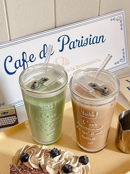 15oz Glass Tumbler with Straw and Lid, Cute Iced Coffee Cups, Aesthetic Glass Cups, Coffee Tumbler, Water Cup, Matcha Cup, Drinking Glasses (The Perfect Match)