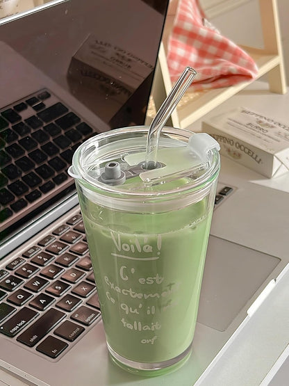 15oz Glass Tumbler with Straw and Lid, Cute Iced Coffee Cups, Aesthetic Glass Cups, Coffee Tumbler, Water Cup, Matcha Cup, Drinking Glasses (The Perfect Match)