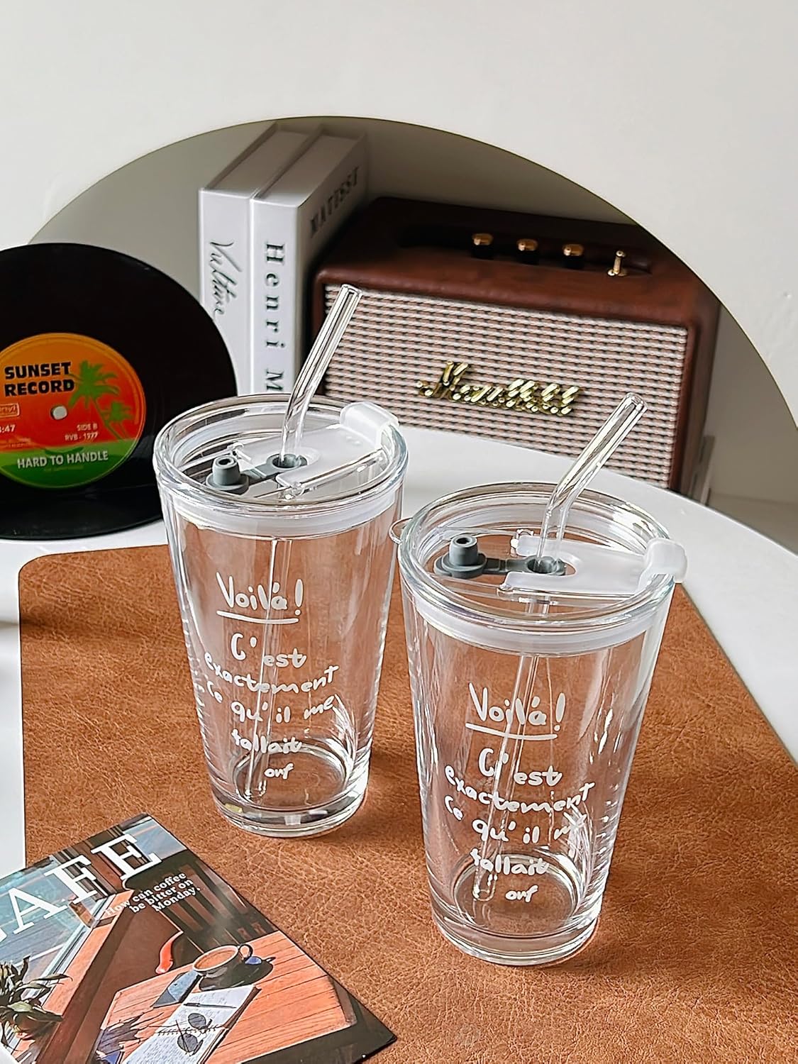 15oz Glass Tumbler with Straw and Lid, Cute Iced Coffee Cups, Aesthetic Glass Cups, Coffee Tumbler, Water Cup, Matcha Cup, Drinking Glasses (The Perfect Match)