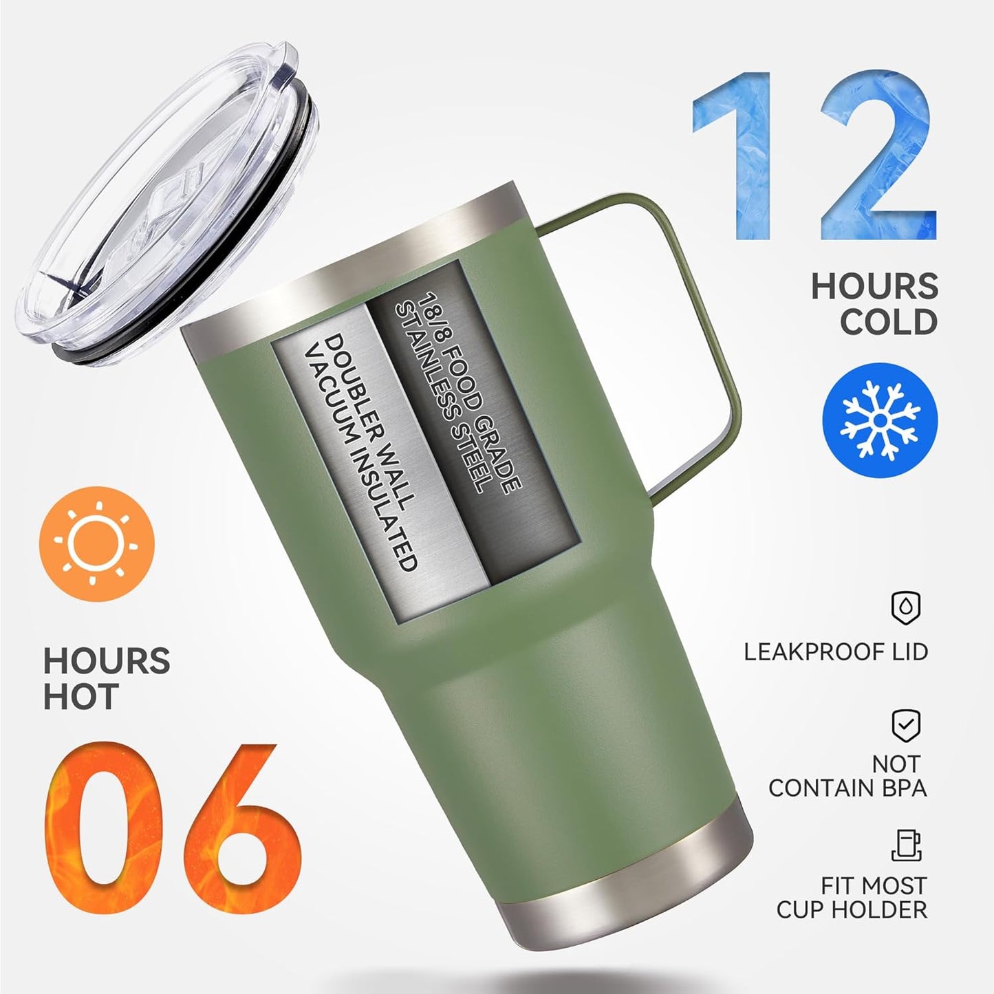30 oz Stainless Steel Tumbler with Handle and Lid, 1 Pack | Powder Coated, Double Wall Vacuum Insulated, Leak Proof Lid, Keep Drinks Cold and Hot, for office, party, camping, White