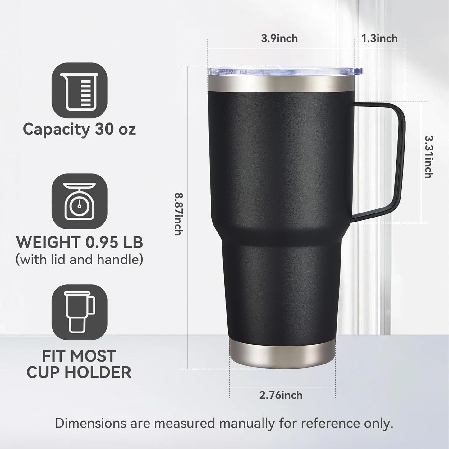 30 oz Stainless Steel Tumbler with Handle and Lid, 1 Pack | Powder Coated, Double Wall Vacuum Insulated, Leak Proof Lid, Keep Drinks Cold and Hot, for office, party, camping, White