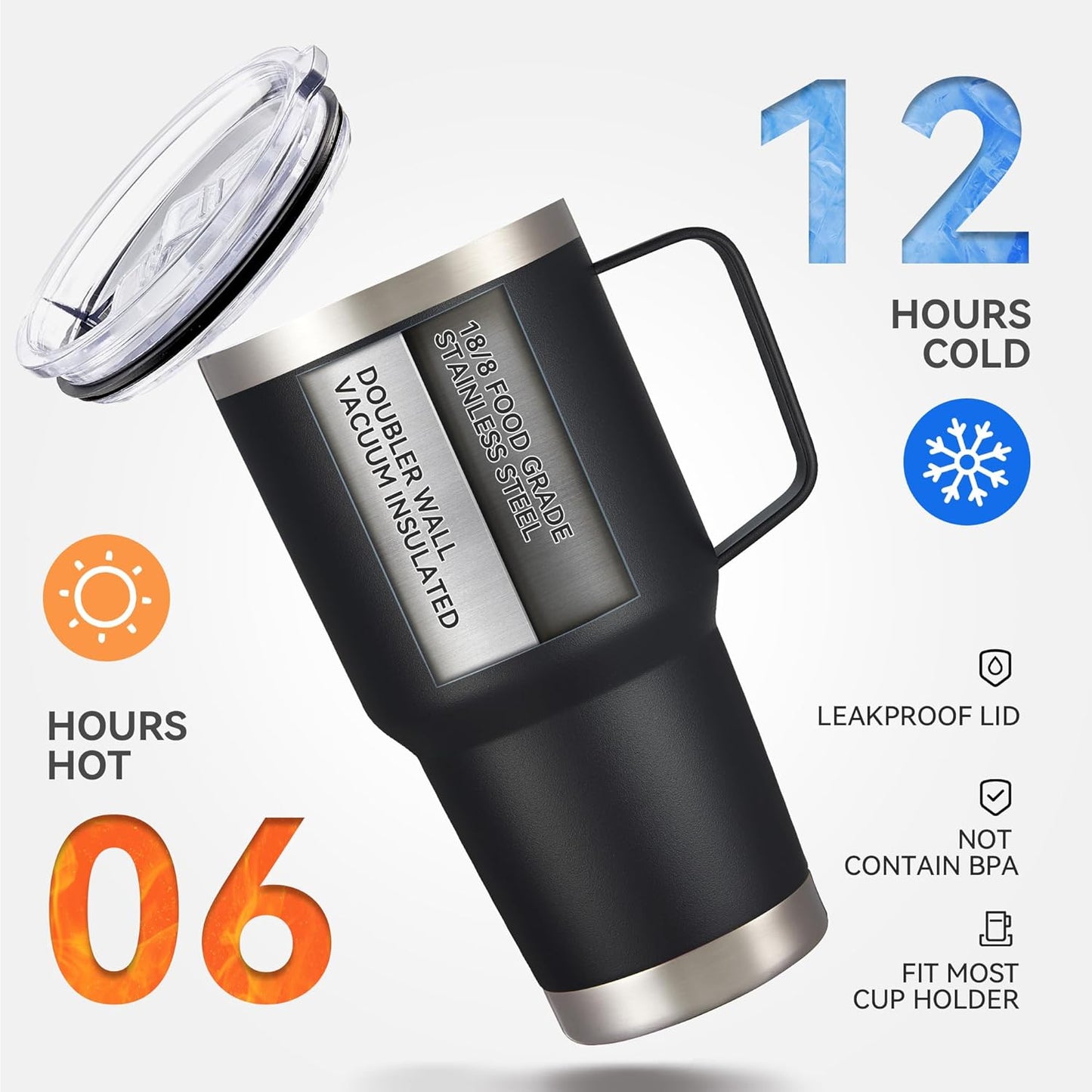 30 oz Stainless Steel Tumbler with Handle and Lid, 1 Pack | Powder Coated, Double Wall Vacuum Insulated, Leak Proof Lid, Keep Drinks Cold and Hot, for office, party, camping, White