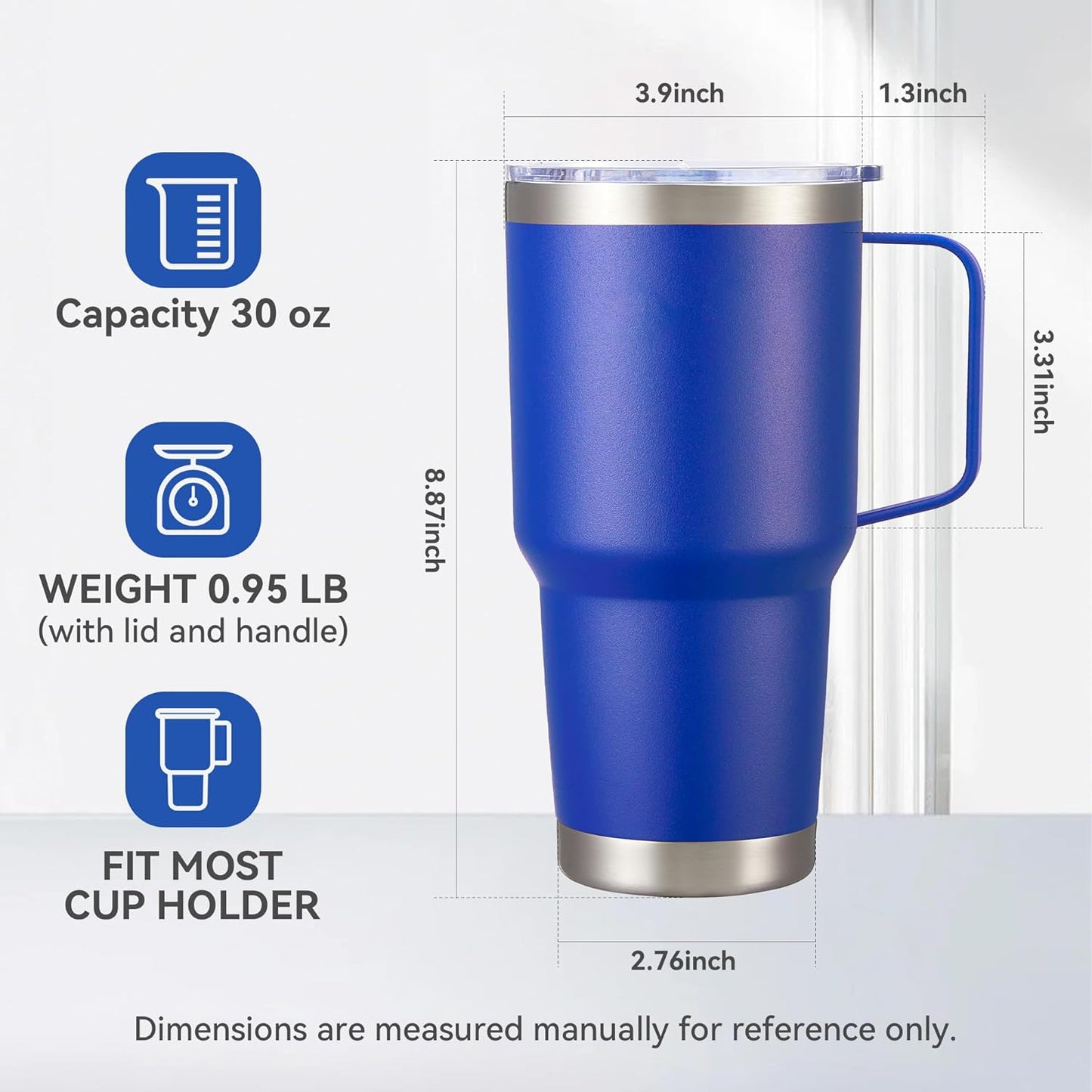 30 oz Stainless Steel Tumbler with Handle and Lid, 1 Pack | Powder Coated, Double Wall Vacuum Insulated, Leak Proof Lid, Keep Drinks Cold and Hot, for office, party, camping, White