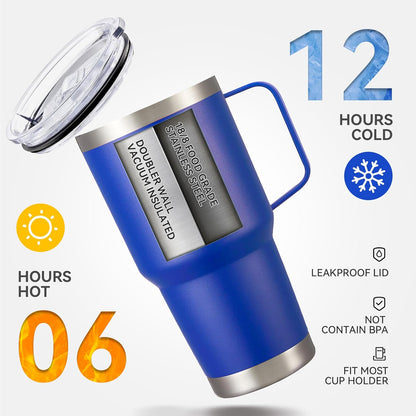 30 oz Stainless Steel Tumbler with Handle and Lid, 1 Pack | Powder Coated, Double Wall Vacuum Insulated, Leak Proof Lid, Keep Drinks Cold and Hot, for office, party, camping, White