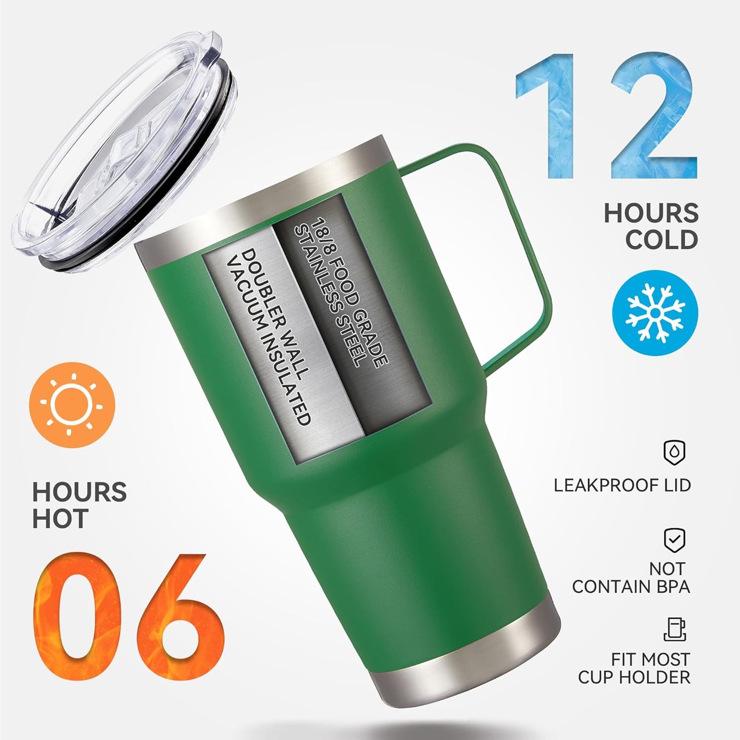 30 oz Stainless Steel Tumbler with Handle and Lid, 1 Pack | Powder Coated, Double Wall Vacuum Insulated, Leak Proof Lid, Keep Drinks Cold and Hot, for office, party, camping, White