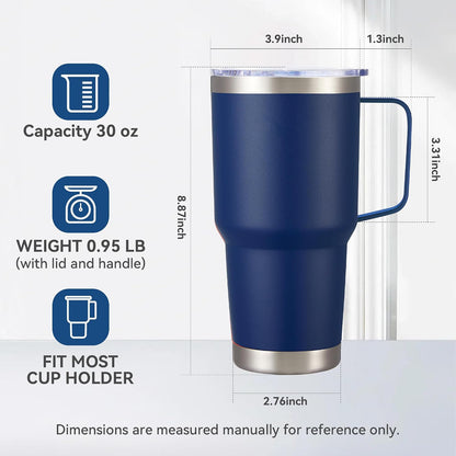 30 oz Stainless Steel Tumbler with Handle and Lid, 1 Pack | Powder Coated, Double Wall Vacuum Insulated, Leak Proof Lid, Keep Drinks Cold and Hot, for office, party, camping, White