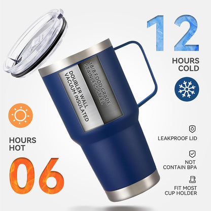 30 oz Stainless Steel Tumbler with Handle and Lid, 1 Pack | Powder Coated, Double Wall Vacuum Insulated, Leak Proof Lid, Keep Drinks Cold and Hot, for office, party, camping, White