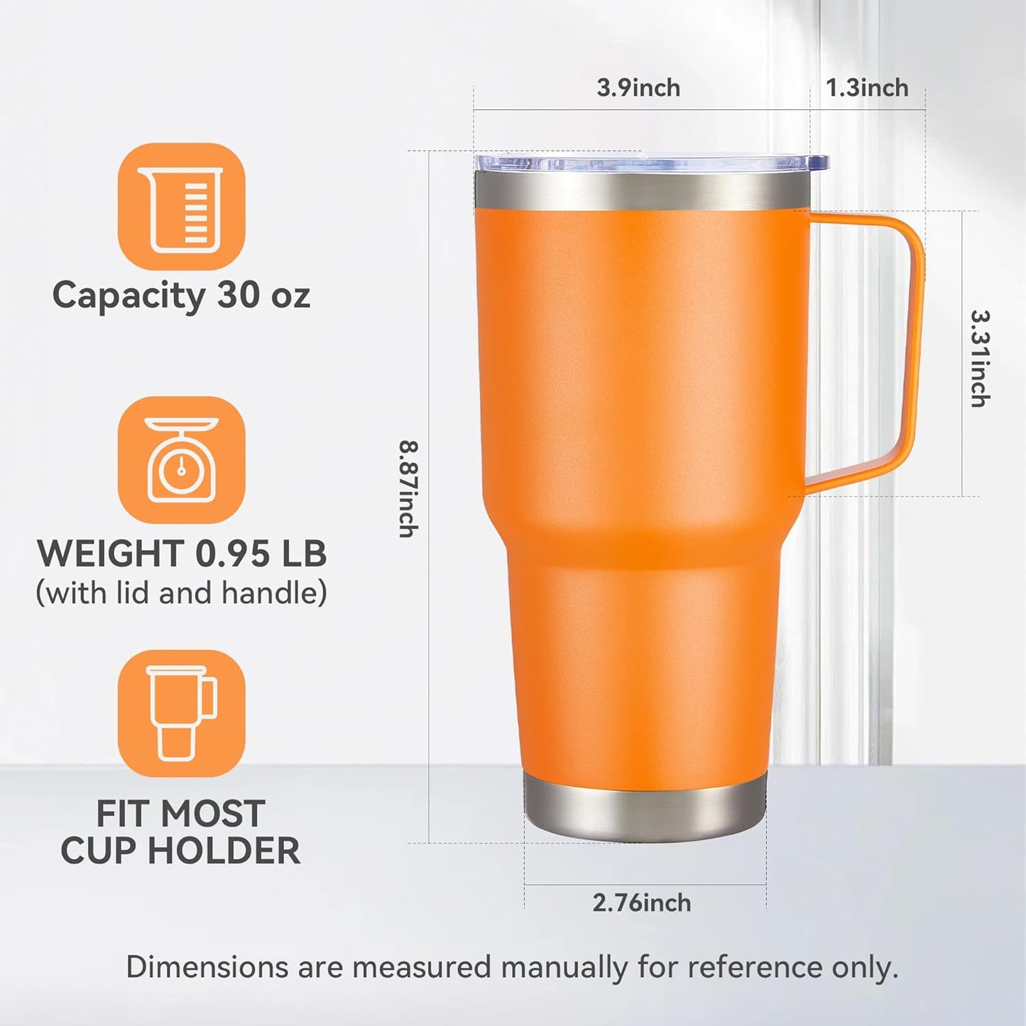 30 oz Stainless Steel Tumbler with Handle and Lid, 1 Pack | Powder Coated, Double Wall Vacuum Insulated, Leak Proof Lid, Keep Drinks Cold and Hot, for office, party, camping, White