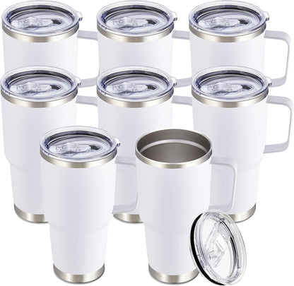 30 oz Stainless Steel Tumbler with Handle and Lid, 1 Pack | Powder Coated, Double Wall Vacuum Insulated, Leak Proof Lid, Keep Drinks Cold and Hot, for office, party, camping, White