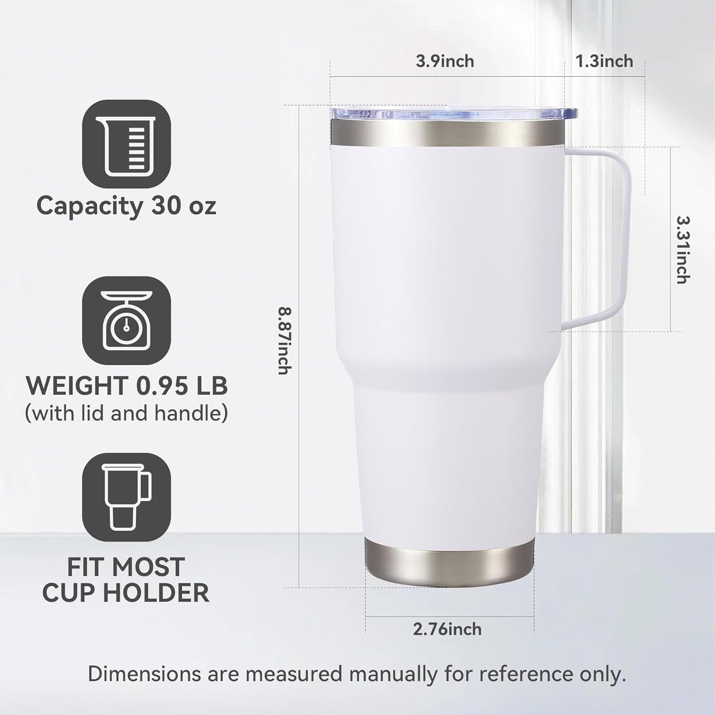 30 oz Stainless Steel Tumbler with Handle and Lid, 1 Pack | Powder Coated, Double Wall Vacuum Insulated, Leak Proof Lid, Keep Drinks Cold and Hot, for office, party, camping, White