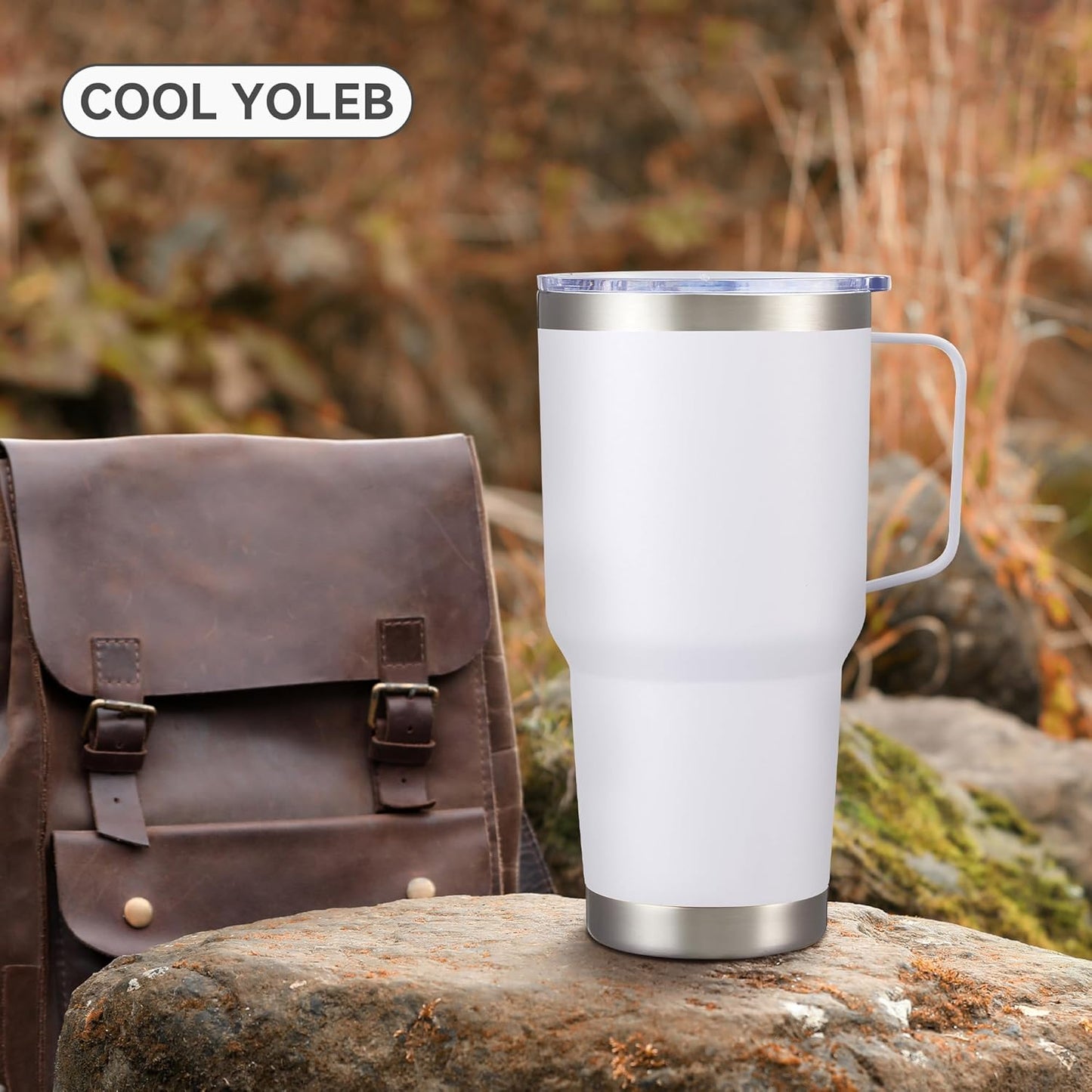 30 oz Stainless Steel Tumbler with Handle and Lid, 1 Pack | Powder Coated, Double Wall Vacuum Insulated, Leak Proof Lid, Keep Drinks Cold and Hot, for office, party, camping, White