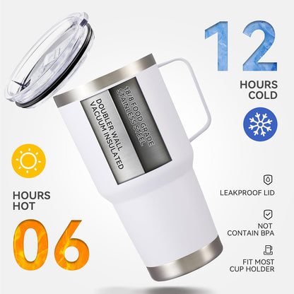 30 oz Stainless Steel Tumbler with Handle and Lid, 1 Pack | Powder Coated, Double Wall Vacuum Insulated, Leak Proof Lid, Keep Drinks Cold and Hot, for office, party, camping, White