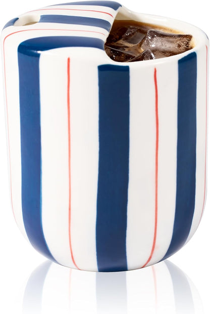 Ceramic Coffee Mug with Sip Hole 10oz Aesthetic Espresso Cup with Hand Painted Striped Coffee Mug for Kitchen Dining Travel (Light Blue, 1Pack)