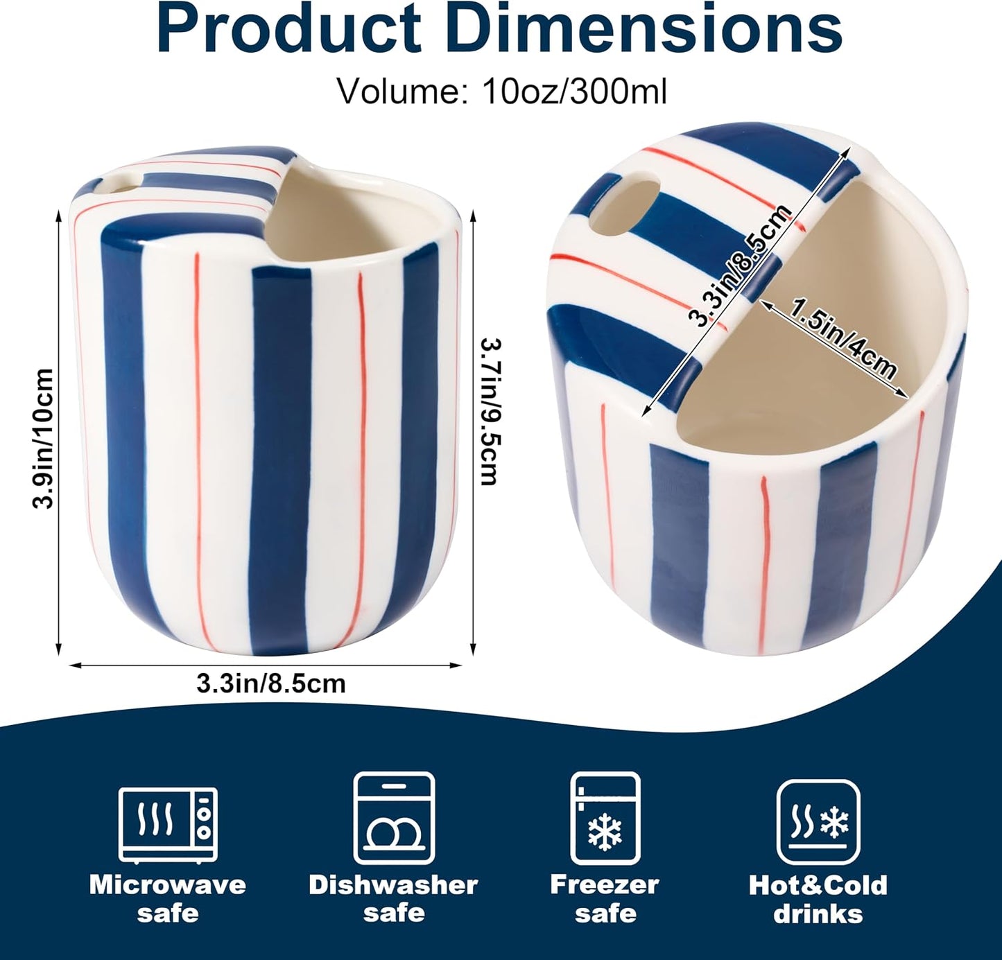 Ceramic Coffee Mug with Sip Hole 10oz Aesthetic Espresso Cup with Hand Painted Striped Coffee Mug for Kitchen Dining Travel (Light Blue, 1Pack)