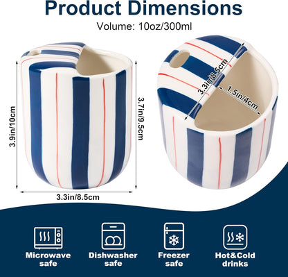 Ceramic Coffee Mug with Sip Hole 10oz Aesthetic Espresso Cup with Hand Painted Striped Coffee Mug for Kitchen Dining Travel (Light Blue, 1Pack)