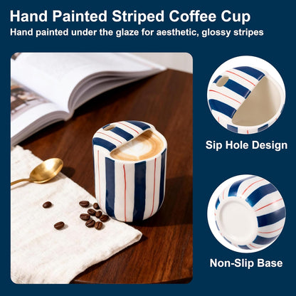 Ceramic Coffee Mug with Sip Hole 10oz Aesthetic Espresso Cup with Hand Painted Striped Coffee Mug for Kitchen Dining Travel (Light Blue, 1Pack)