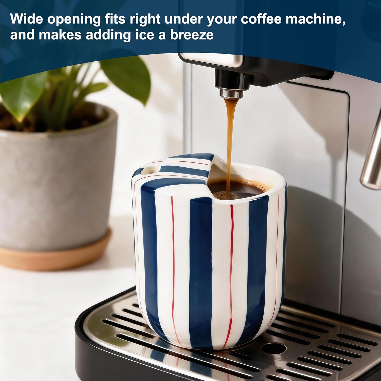 Ceramic Coffee Mug with Sip Hole 10oz Aesthetic Espresso Cup with Hand Painted Striped Coffee Mug for Kitchen Dining Travel (Light Blue, 1Pack)