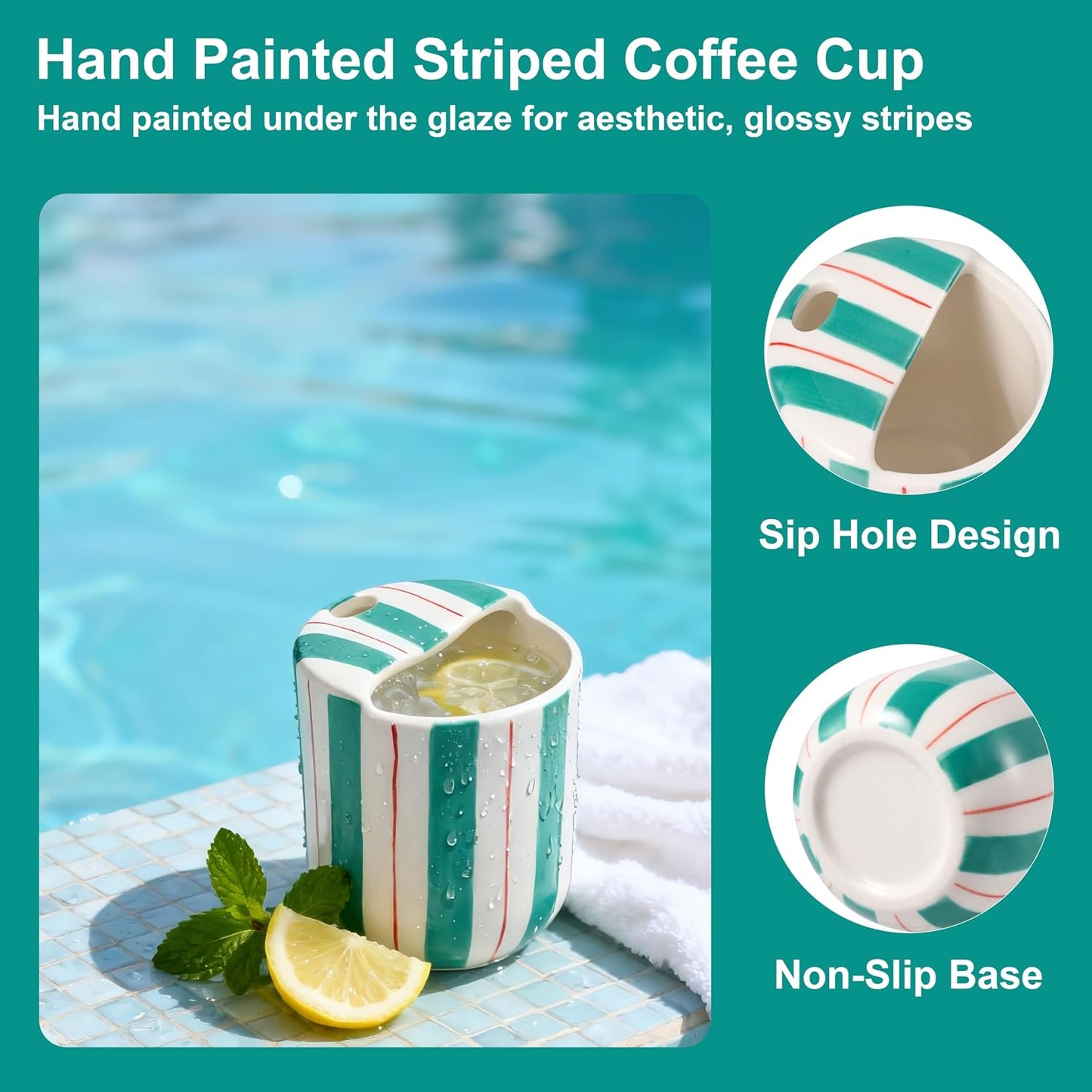 Ceramic Coffee Mug with Sip Hole 10oz Aesthetic Espresso Cup with Hand Painted Striped Coffee Mug for Kitchen Dining Travel (Light Blue, 1Pack)
