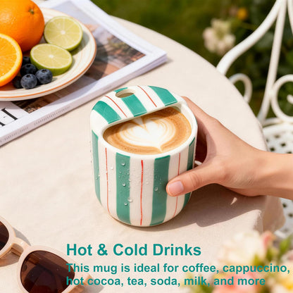 Ceramic Coffee Mug with Sip Hole 10oz Aesthetic Espresso Cup with Hand Painted Striped Coffee Mug for Kitchen Dining Travel (Light Blue, 1Pack)