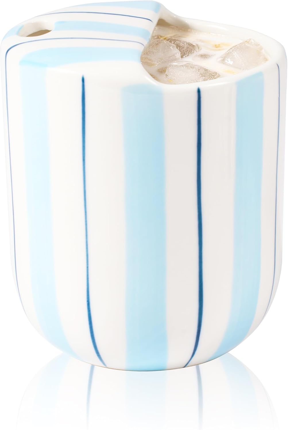 Ceramic Coffee Mug with Sip Hole 10oz Aesthetic Espresso Cup with Hand Painted Striped Coffee Mug for Kitchen Dining Travel (Light Blue, 1Pack)