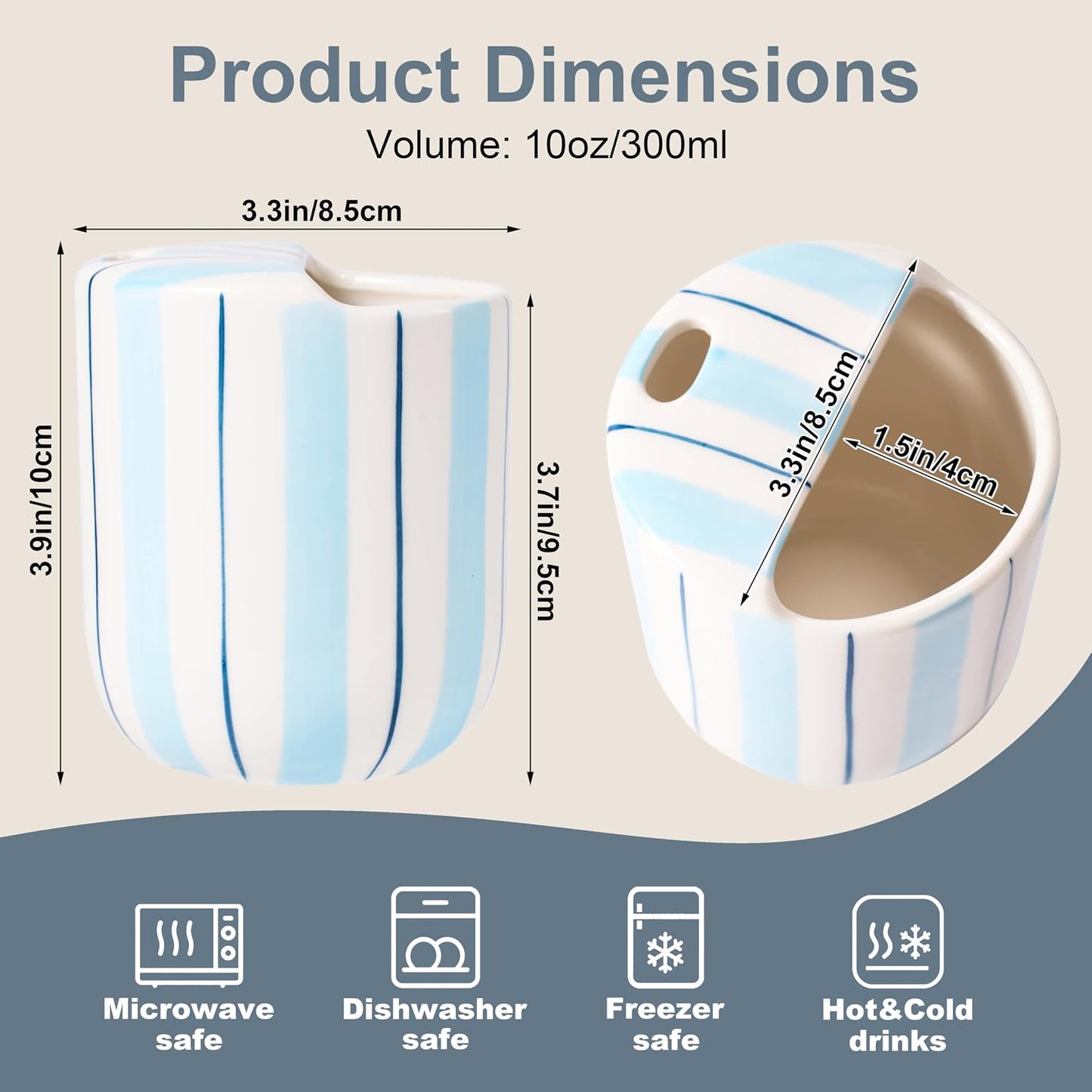 Ceramic Coffee Mug with Sip Hole 10oz Aesthetic Espresso Cup with Hand Painted Striped Coffee Mug for Kitchen Dining Travel (Light Blue, 1Pack)