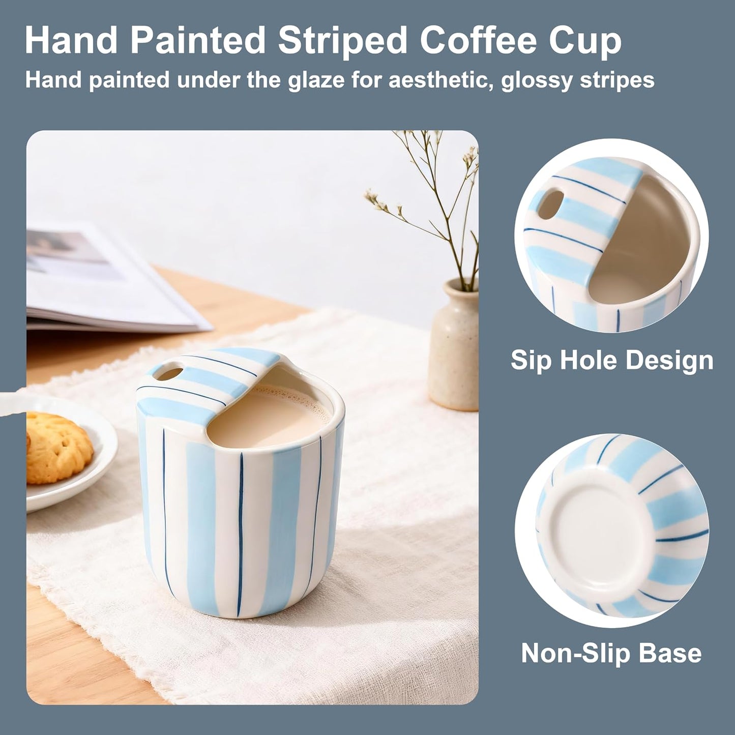 Ceramic Coffee Mug with Sip Hole 10oz Aesthetic Espresso Cup with Hand Painted Striped Coffee Mug for Kitchen Dining Travel (Light Blue, 1Pack)