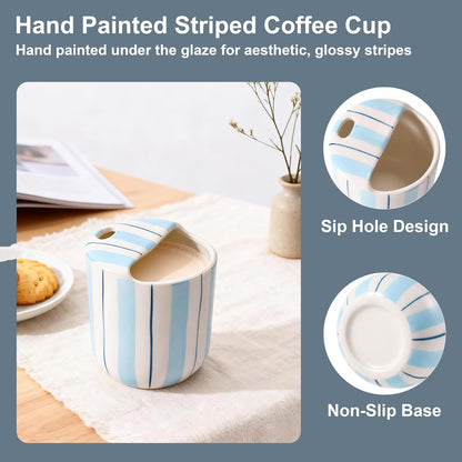 Ceramic Coffee Mug with Sip Hole 10oz Aesthetic Espresso Cup with Hand Painted Striped Coffee Mug for Kitchen Dining Travel (Light Blue, 1Pack)