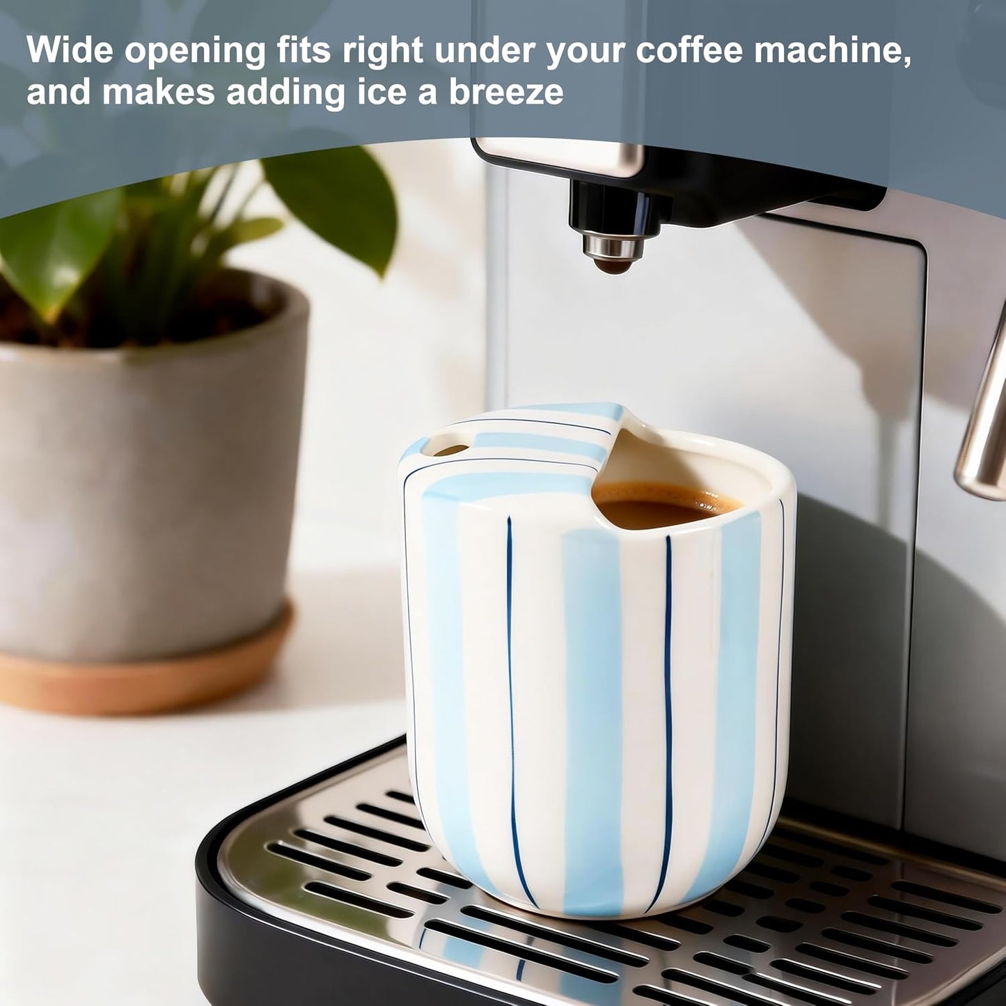 Ceramic Coffee Mug with Sip Hole 10oz Aesthetic Espresso Cup with Hand Painted Striped Coffee Mug for Kitchen Dining Travel (Light Blue, 1Pack)