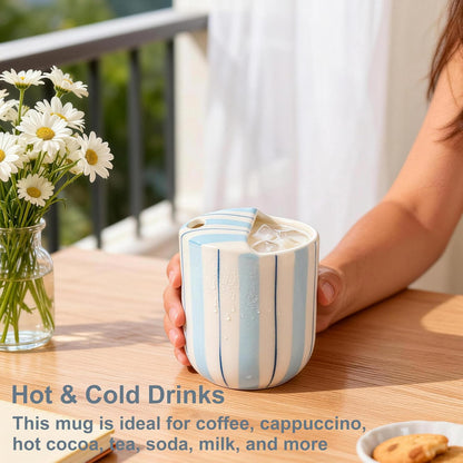 Ceramic Coffee Mug with Sip Hole 10oz Aesthetic Espresso Cup with Hand Painted Striped Coffee Mug for Kitchen Dining Travel (Light Blue, 1Pack)