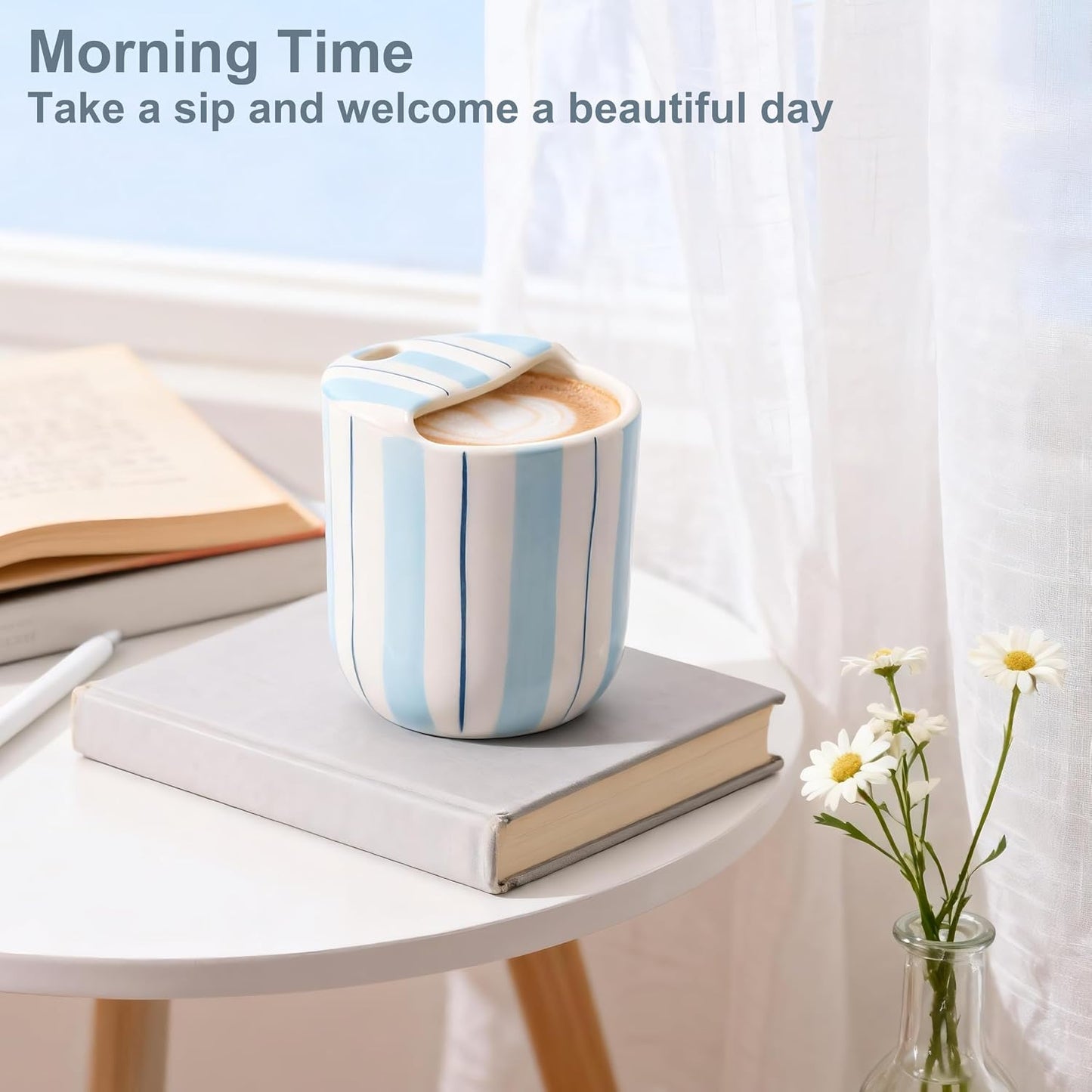Ceramic Coffee Mug with Sip Hole 10oz Aesthetic Espresso Cup with Hand Painted Striped Coffee Mug for Kitchen Dining Travel (Light Blue, 1Pack)