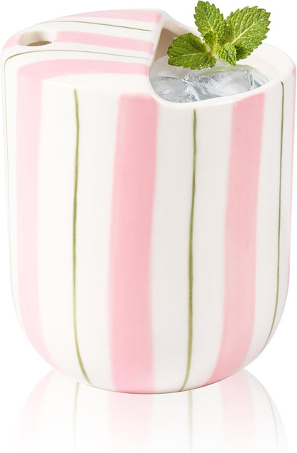 Ceramic Coffee Mug with Sip Hole 10oz Aesthetic Espresso Cup with Hand Painted Striped Coffee Mug for Kitchen Dining Travel (Light Blue, 1Pack)