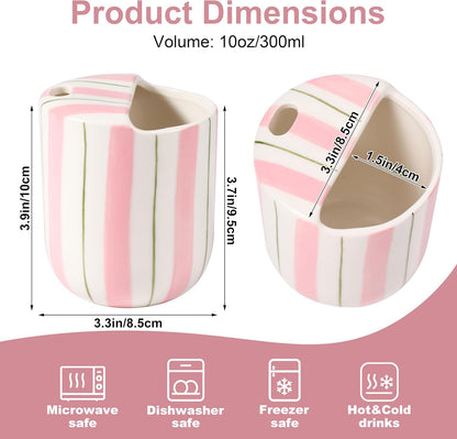 Ceramic Coffee Mug with Sip Hole 10oz Aesthetic Espresso Cup with Hand Painted Striped Coffee Mug for Kitchen Dining Travel (Light Blue, 1Pack)